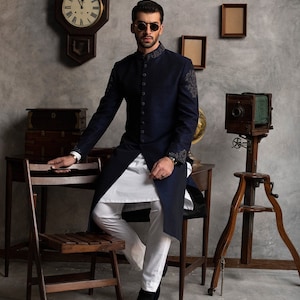 Hand embroidered navy blue silk sherwani with white kurta and boot cut pants for groom|wedding sherwani for men|african men wedding dress