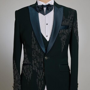 SKU#JA61537 Green and Black Tuxedo and Matching Bowtie