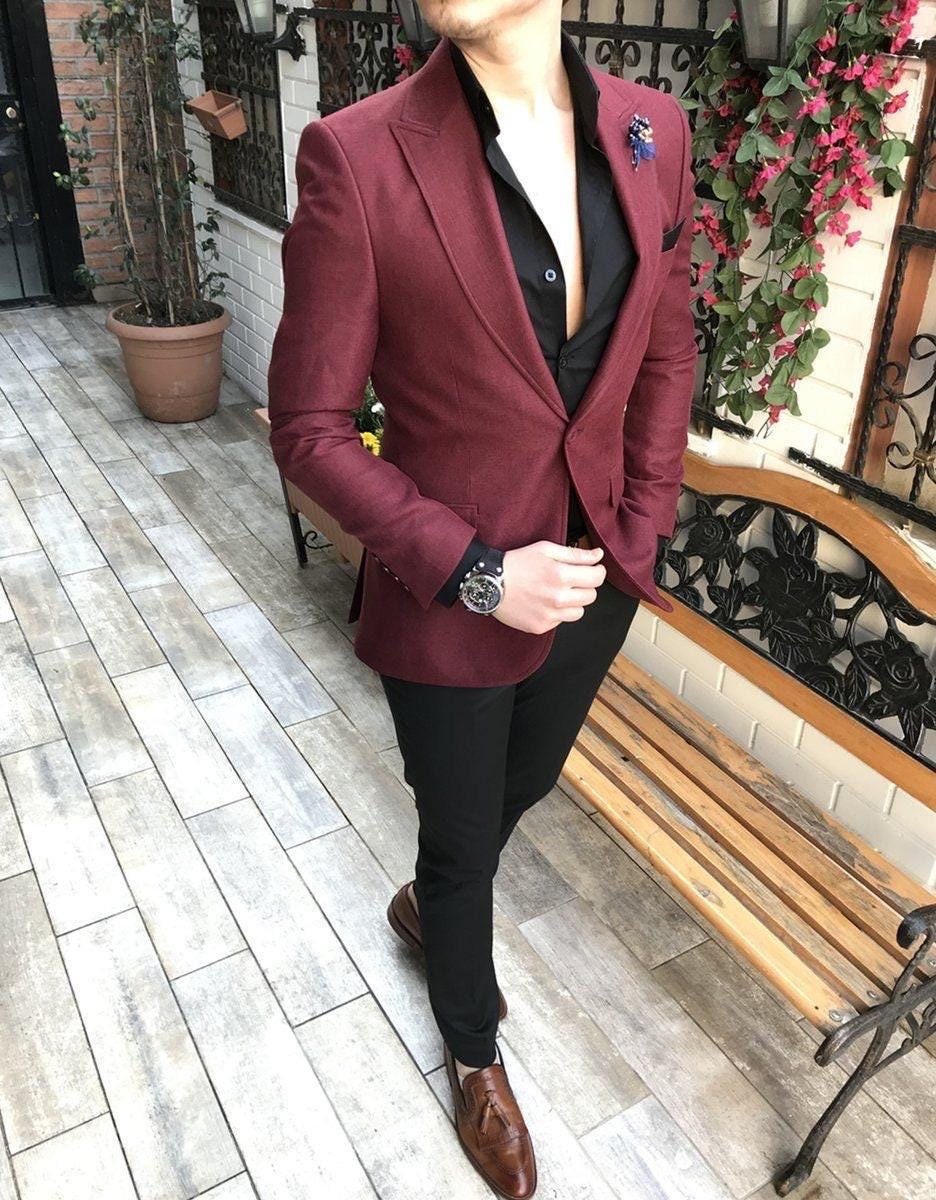 Colour Blazer Combination Mens Burgundy Sports Jacket Maroon Slim
