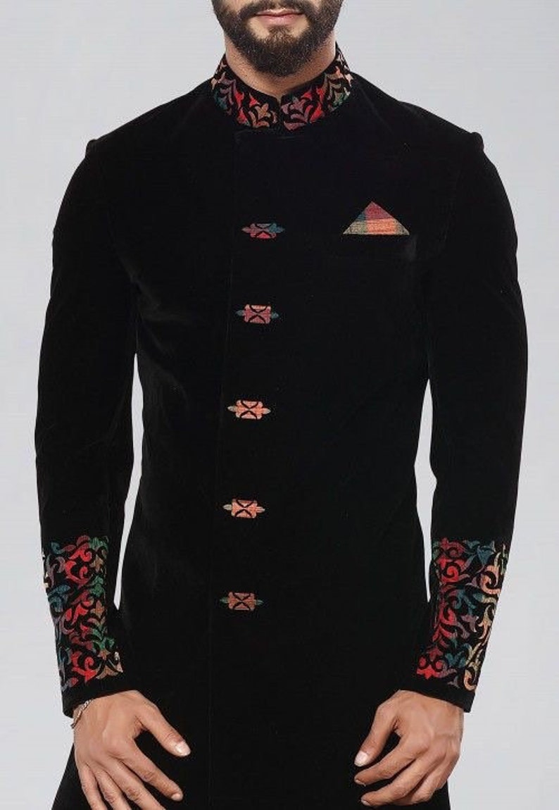 Black velvet laser embroidered indo western sherwani suit for men groom suit for wedding Indian men ethnic sherwani Indo for him image 2