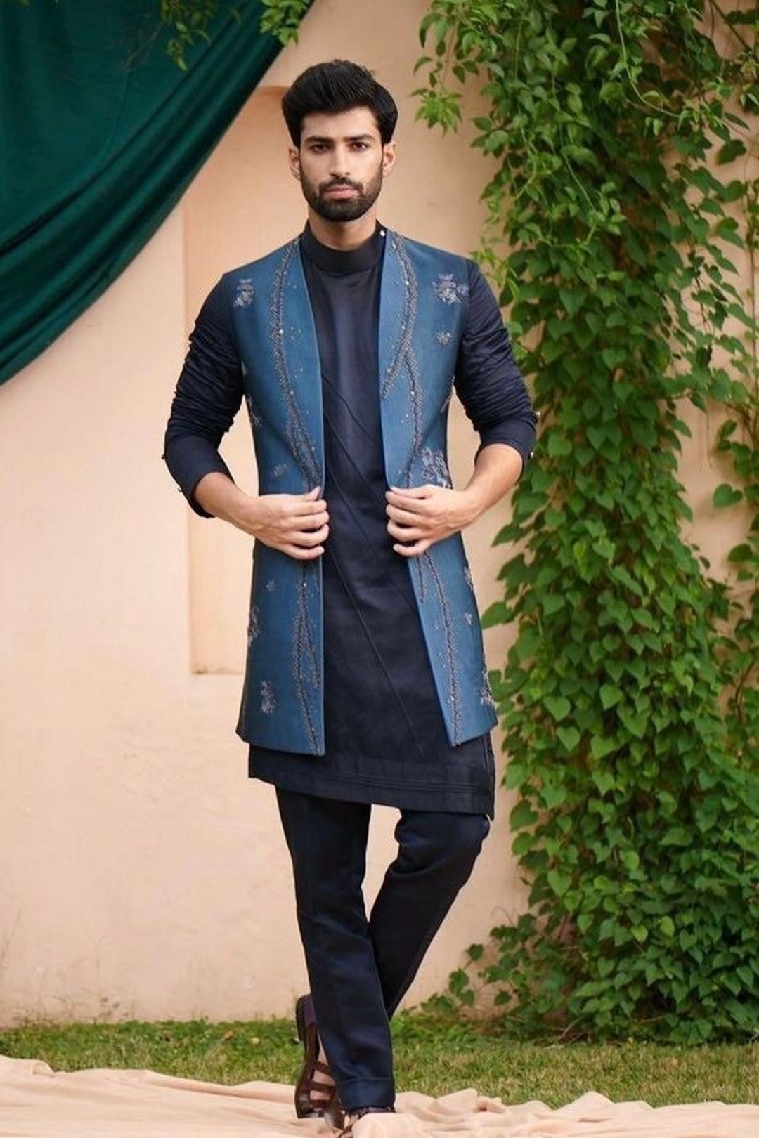 Blue Embroidered Indo Western With Kurta and Pants Indo Sherwani