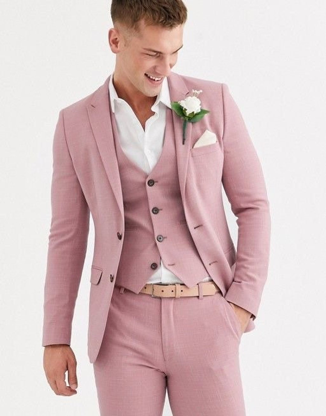 Pink Linen Three Piece Suit for Men Wedding Suit Vest for Men Groom ...