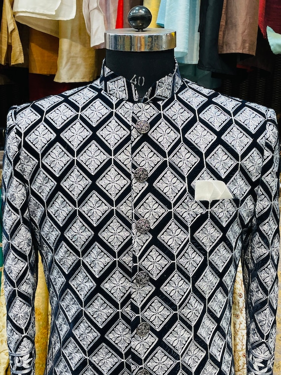 Blue Velvet Embroidered Indo Western Outfit: Men's Engagement Dress