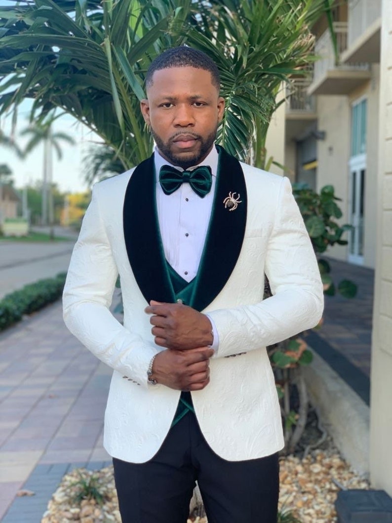 White \u0026 Green Velvet Tuxedo Suit Vest 