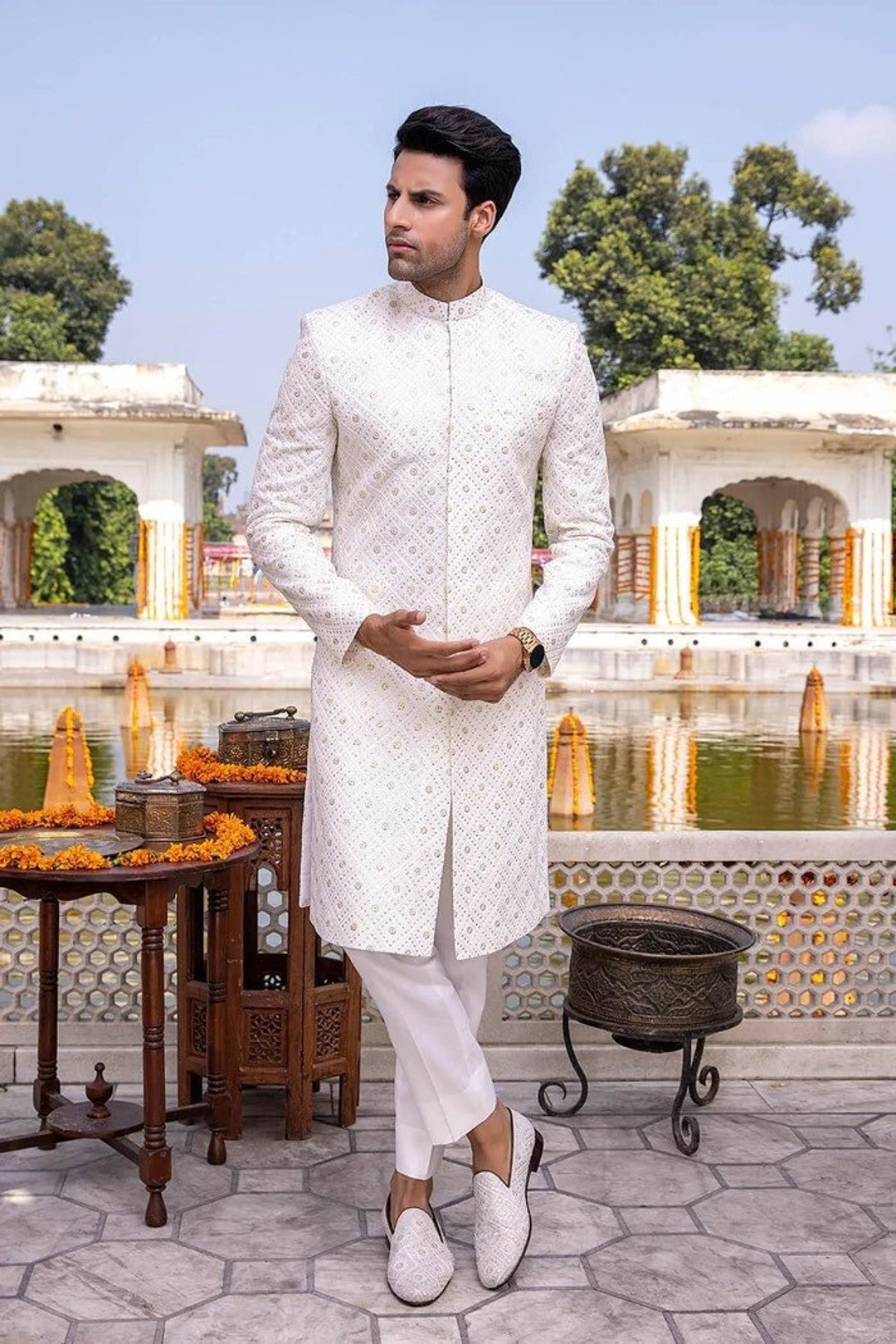 Ivory Hand Embroidered Men Sherwani Suit White Thread Work Sherwani