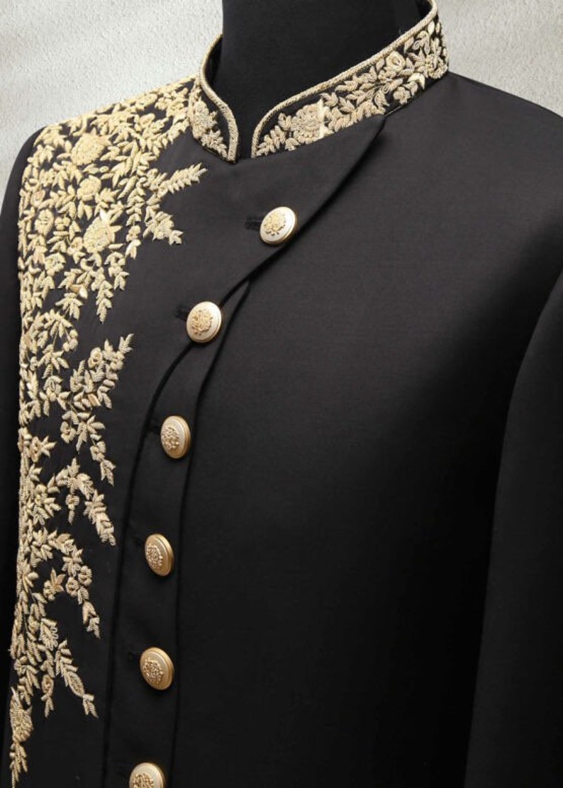 Black Embroidered Sherwani With Kurta And Pant Set