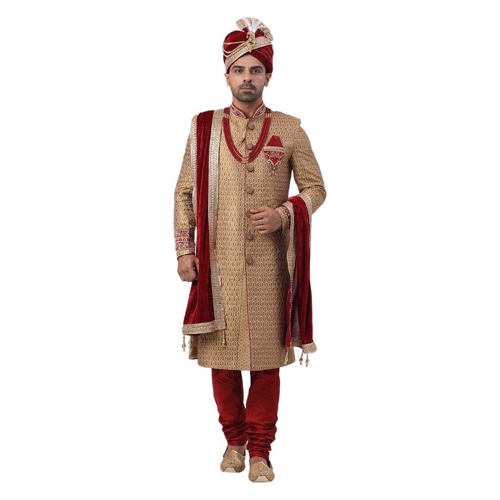 Golden and Maroon Embroidered Groom Sherwani Set Wedding Etsy