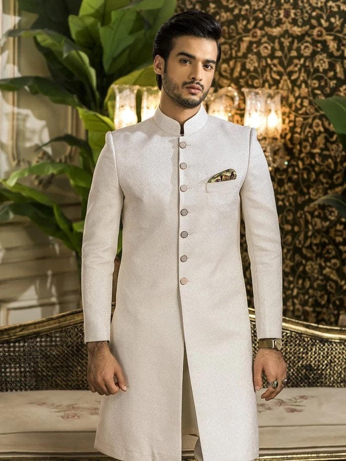 Cream Coloured Jacquard Sherwani With Chudidar and Kurta Cream Coloured Jacquard Sherwani With Chudidar and Kurta