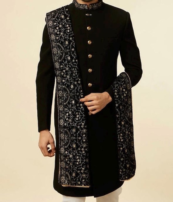 Black Indo Western Suit With Embroidered Velvet Shawl. - Etsy Finland