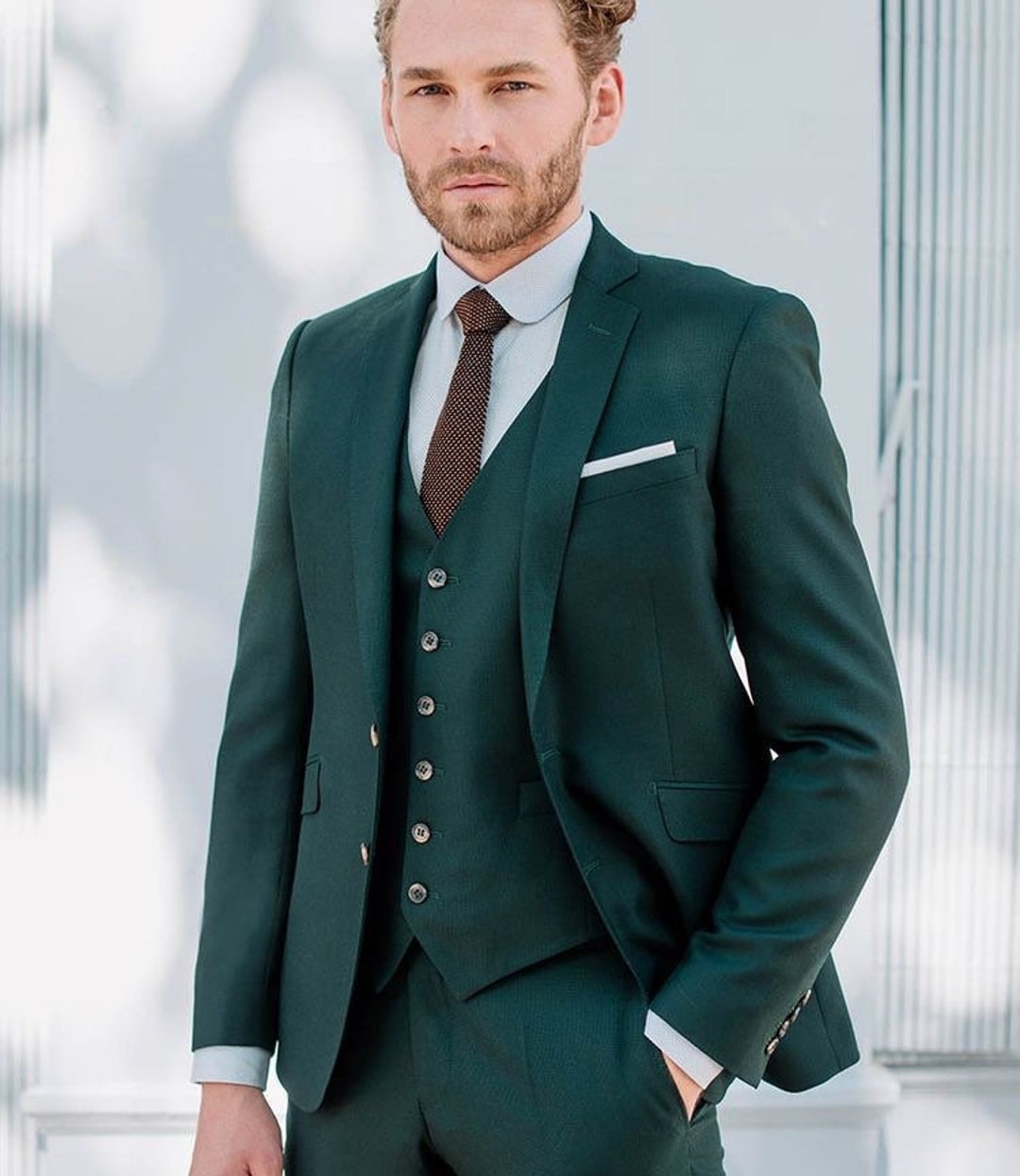 Chaleco Se Usa Reloj Con Smoking Traje Verde De Tres Piezas