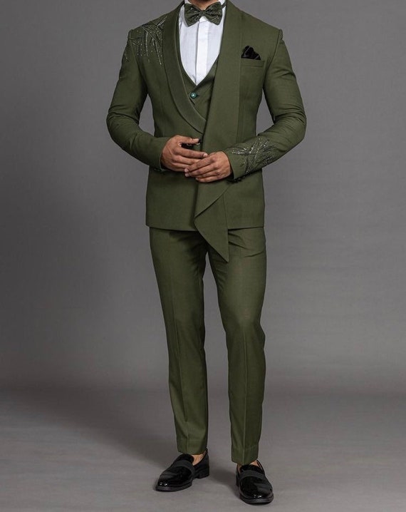 Olive Green Men Slim Fit Suit Groom Tuxedo Wedding Suit Formal Dinner Prom  Party | eBay
