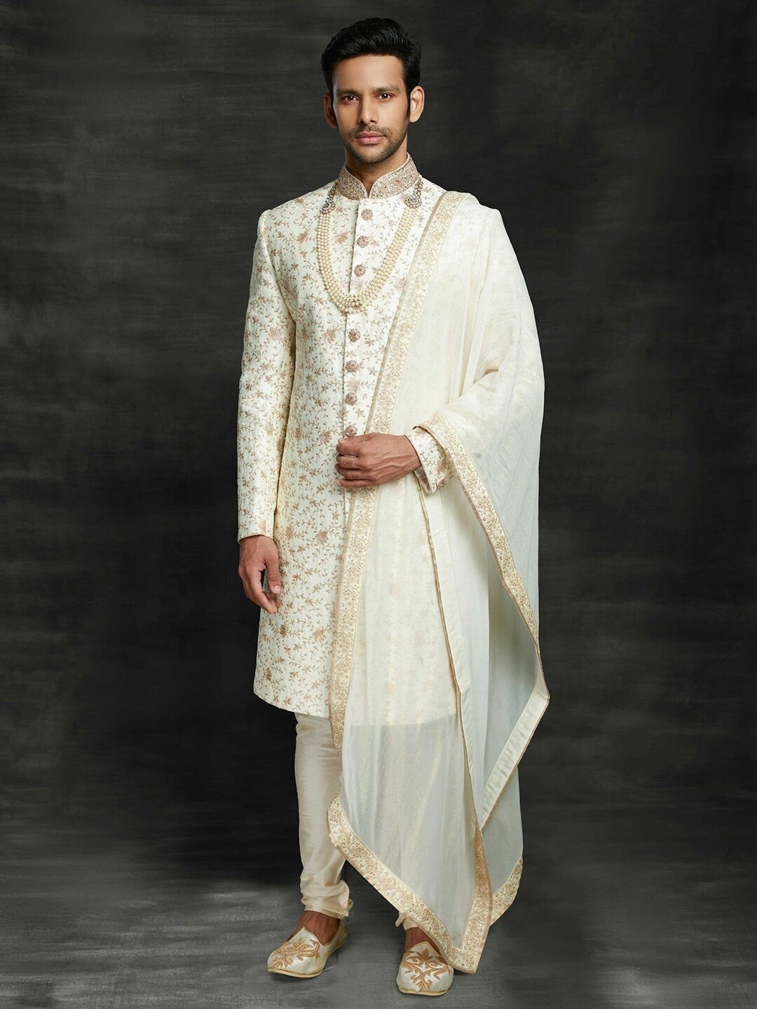 Ivory Embroidered Silk Sherwani Suit: Indian Groom Wedding Attire