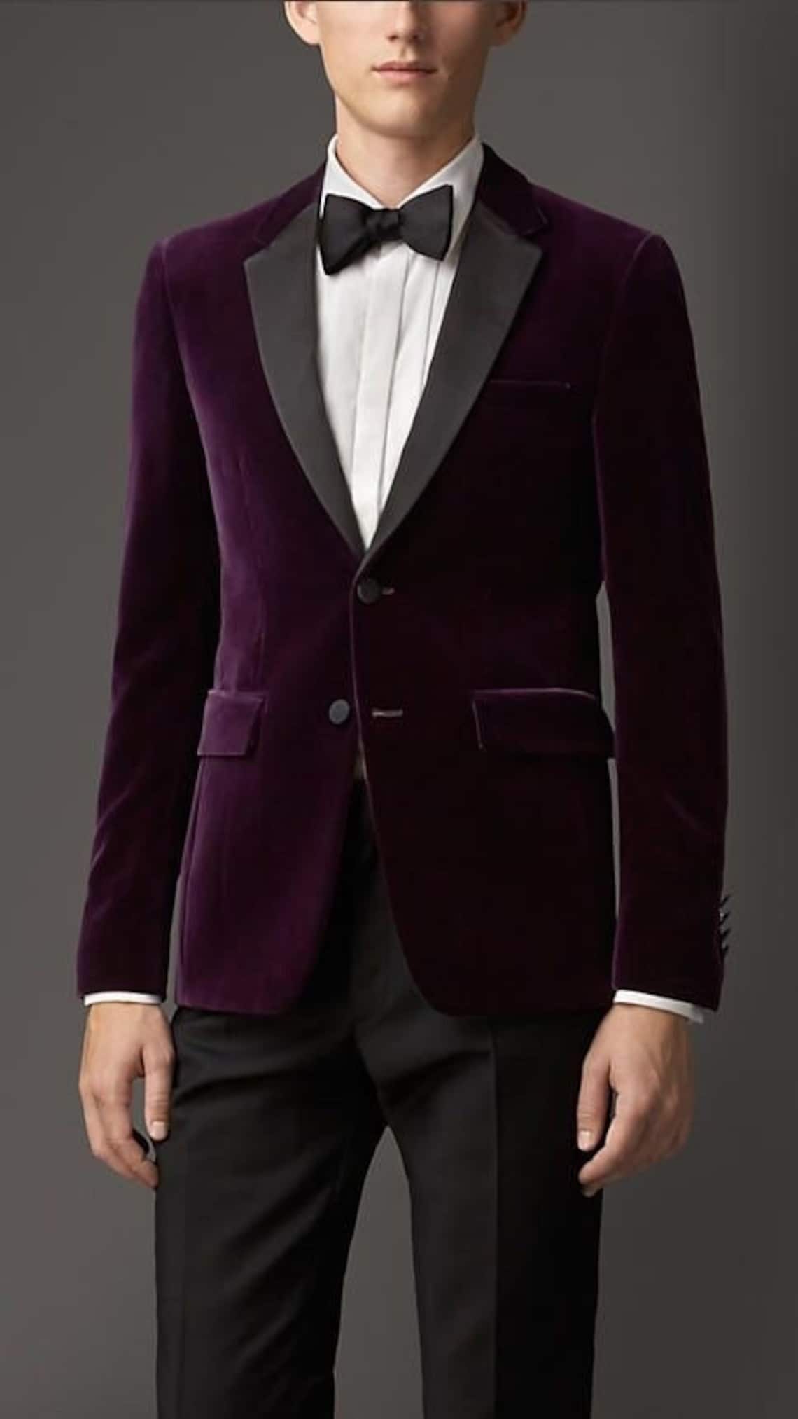 Purple Velvet Prom Party Suits Two Piece Men Suit with Black Lapel