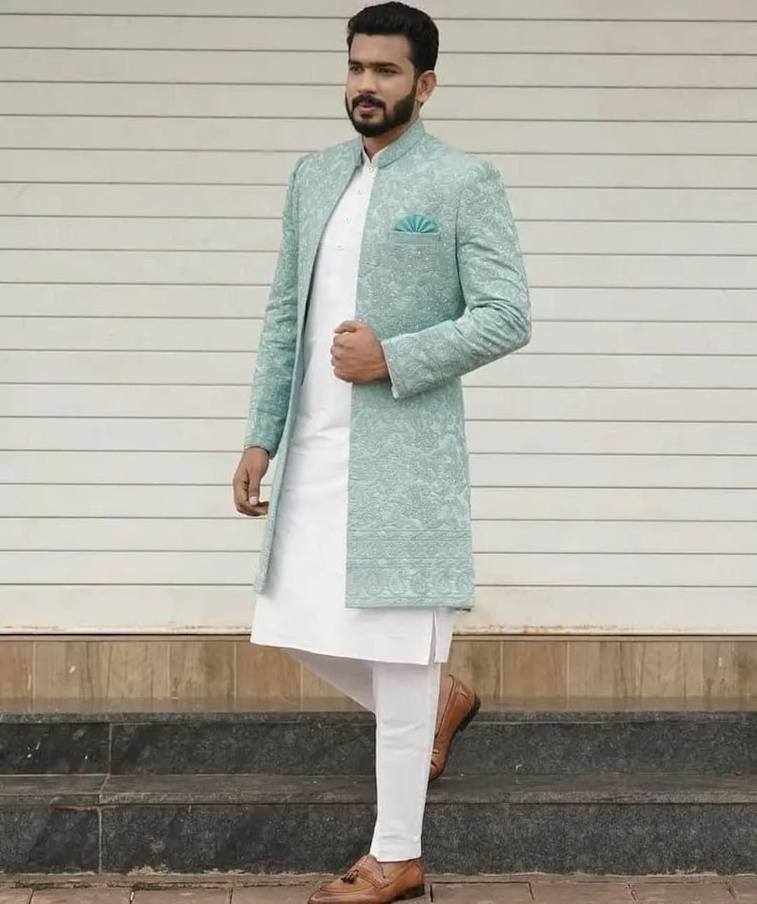 Green Zari Embroidered Sherwani Suit: Indian Groom Wedding Outfit