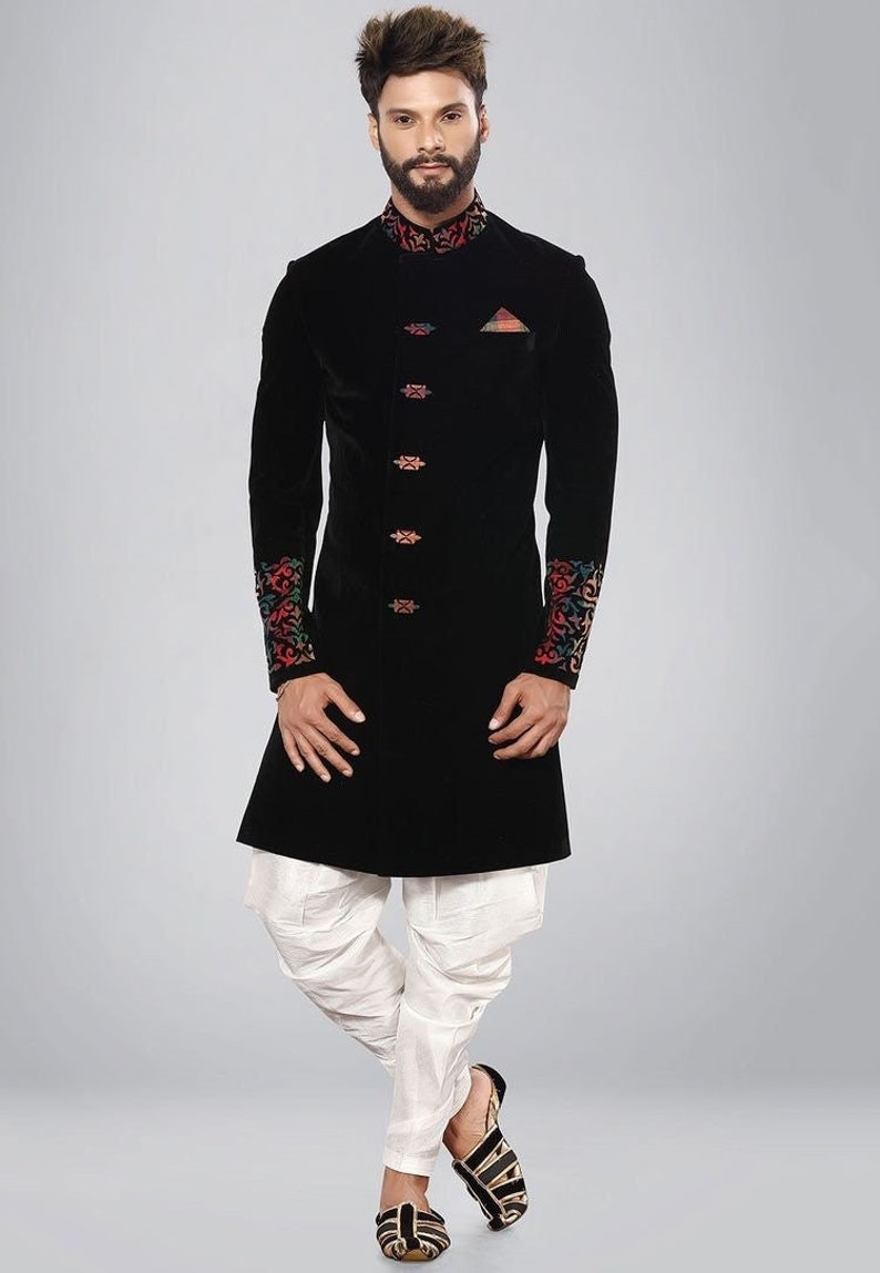 Black velvet laser embroidered indo western sherwani suit for men groom suit for wedding Indian men ethnic sherwani Indo for him image 1