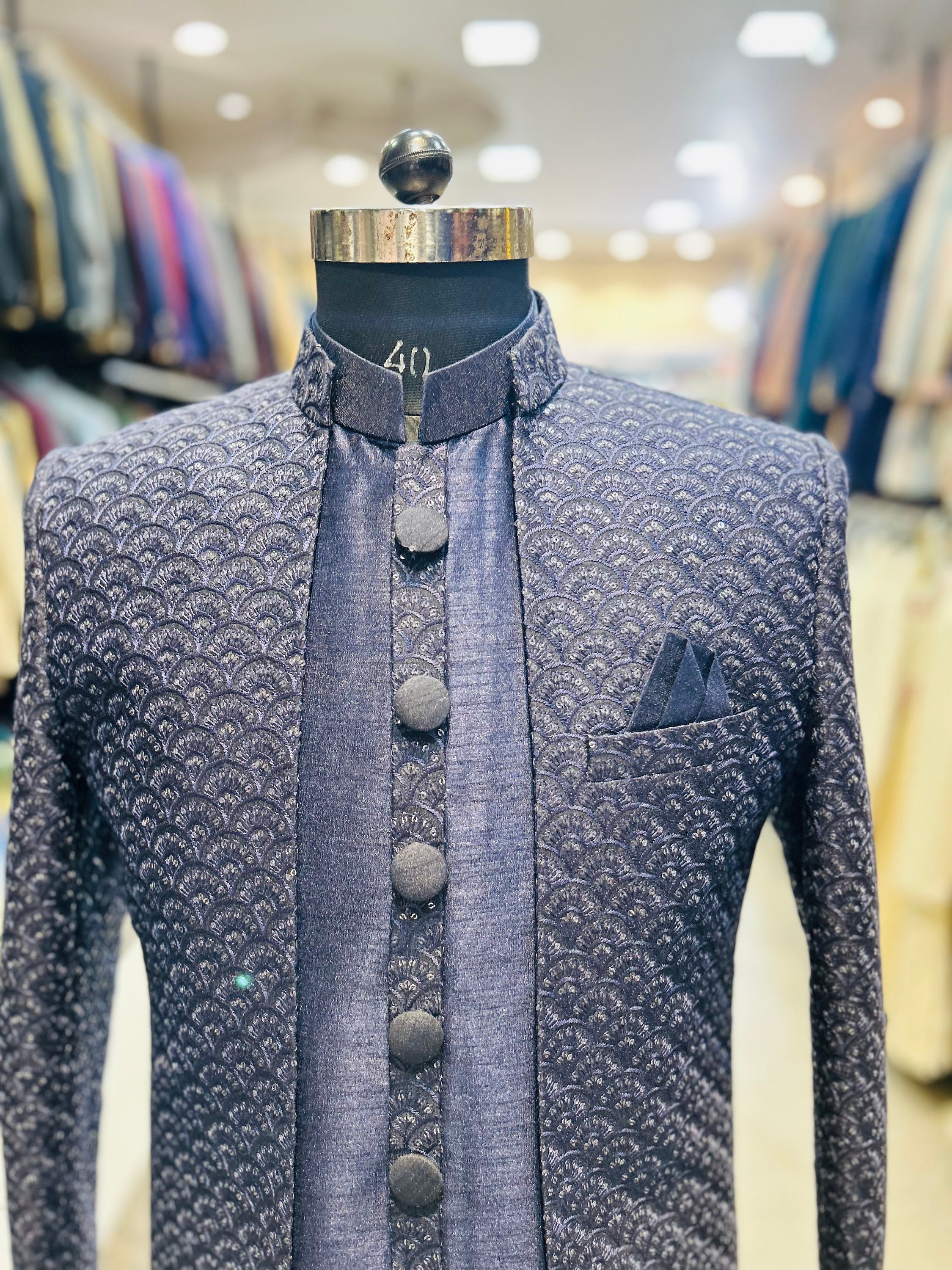 Navy Blue Silk Shrug Style Indowestern Sherwani With Labada and Pants ...