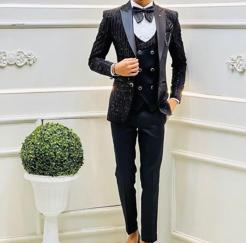 Black Hand Embroidered Cutdana Beads Work Suit for Wedding Engagement ...