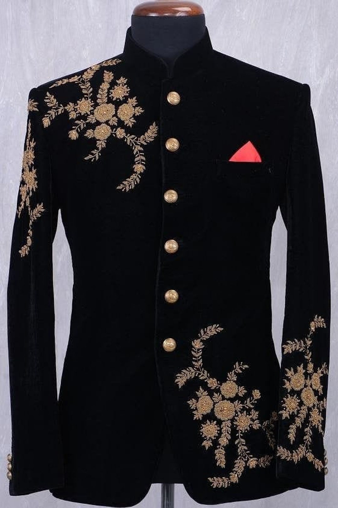 Black Velvet Jodhpuri Suit: Golden Embroidery Prince Bandhgala