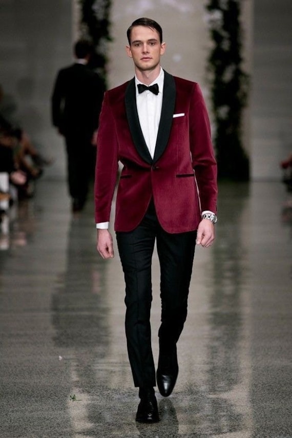 Mens Wool One Button Modern Fit Vested Shawl Prom Tuxedo in Burgundy