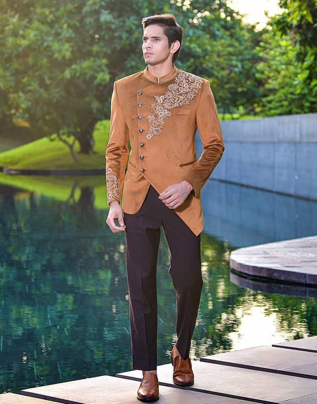 engagement jodhpuri dress for men Embroidered Jodhpuri Suit: Brown Velvet Bandhgala Wedding Angrakha