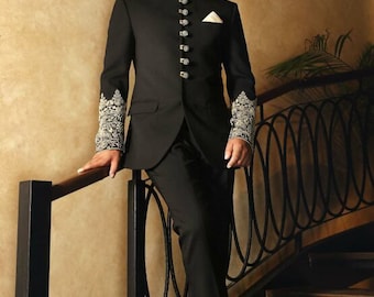 Abito Jodhpuri ricamato nero: abito da sposa Bandhgala da uomo