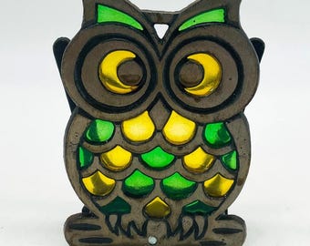 Midcentury Stained-Glass Cast-Iron Owl Napkin/Letter Holder