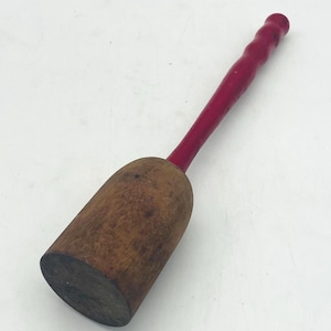 Antique Red Handled Solid Wood Masher - Primitive Kitchen Utensil