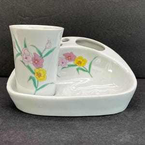 Vintage Porcelain Floral Bathroom Set - Soap Dish, Toothbrush Holder and Drink Glass