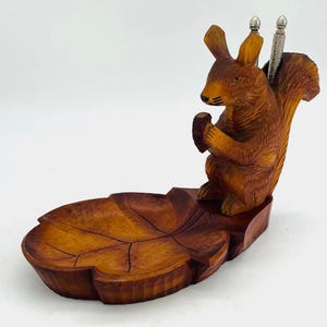 Midcentury Black Forest Style Hand Carved Folk Art Squirrel Nutcracker Dish