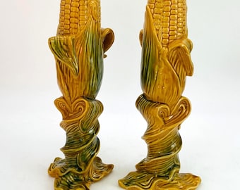 Vintage Pair of Ceramic 10.5" Corn Stalk Taper Candlesticks - Autumn Harvest Decor