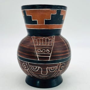 Midcentury Mexican Clay Pottery Folk Art 5.5&quot; Vase - Mayan Themed Handcrafted Vase