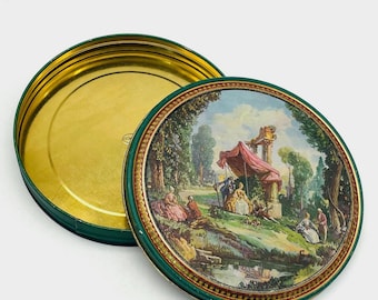 Midcentury Canco Shallow Round Victorian Candy Tin