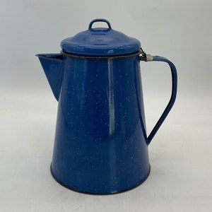Large 10" tall Blue Spatter Enamel Coffee Pot/Midcentury Graniteware/Country, Farmhouse Decor