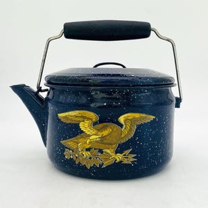 Vintage Blue/White Speckled Enamelware Tea Kettle with Golden Eagle Design