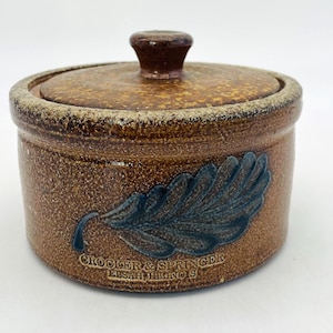 Vintage Crocker & Springer 5.25" Salt Glaze Pottery Blue Leaf Butter/Cheese Lidded Crock