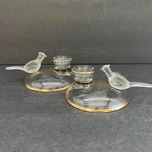 Midcentury Pair Jeannette Crystal Glass Pheasant Candleholders - Pattern #3475