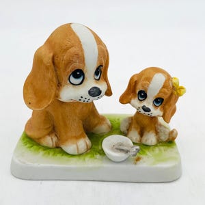 Sweet Big Eyed Dog & Puppy Porcelain Figurine