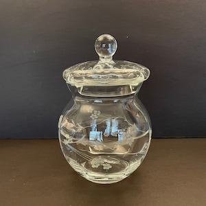 Beautiful Clear Glass Lidded Jar with Frosted Floral Etching/Vintage, Made in Turkey