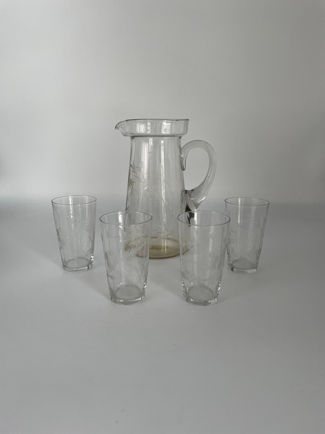 Etched Glass Juice Carafe and 4 Juice Glasses Etsy