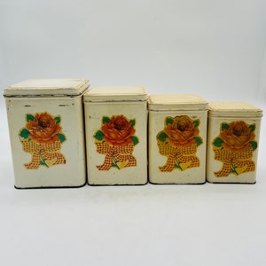 Early Midcentury Nesting Rose/Gingham Bow Tin Canister Set
