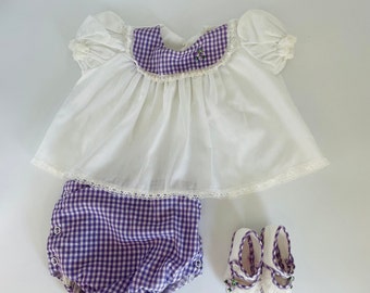 Sweet Lavender Gingham and White Sears Baby Dress Set with Cloth Mary Jane Shoes/Vintage Baby Girl Clothing 6-9 Months