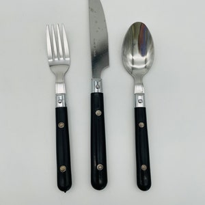 Couverts vintage en porcelaine de Chine inoxydable, poignées en plastique noires