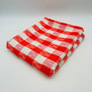 May include: Folded red and white checkered cloth. The cloth has a classic gingham pattern, with alternating squares of red and white. The fabric appears to be a textured weave, and the cloth is folded neatly.