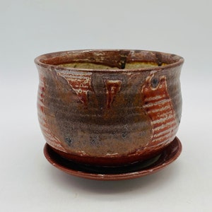 Vintage Handmade Metallic Glaze Pottery Planter with Drip Plate