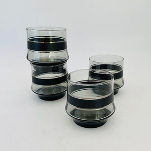 Libbey Smokey Gray &quot;Camelot&quot; MCM Impromtu Rocks Glasses with Black and Silver Band, set of 4/Vintage Low Ball Glasses