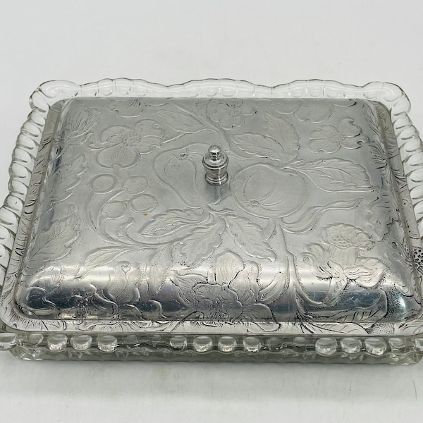 Lovely Midcentury Glass Relish Dish with Embossed Aluminum Cover