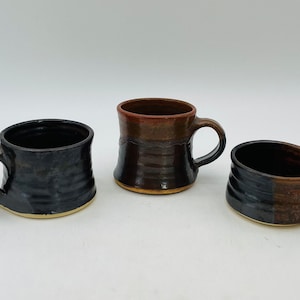 Vintage Handmade Brown Drip Glazed Pottery Mugs, Set of 3