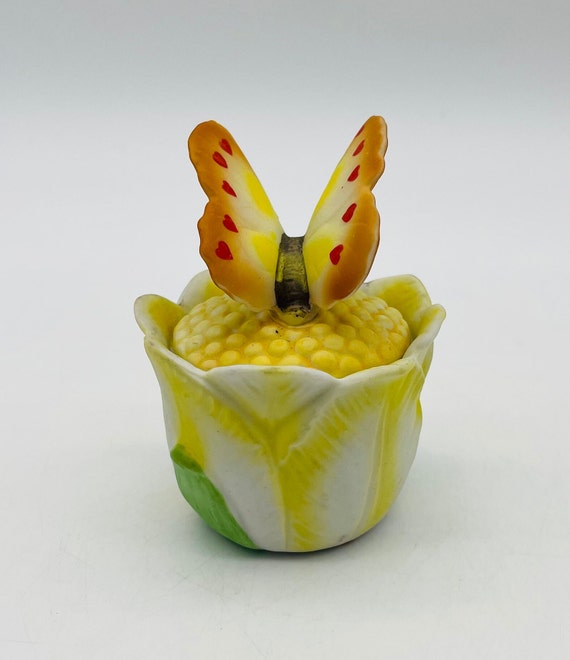 Lefton China Hand Painted Butterfly and Tulip Tri… - image 3