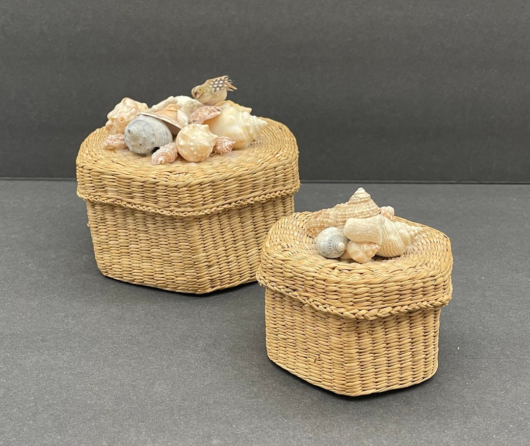 Wicker Shell Wicker Shell Hexagon Basket Set/coastal, Beach Decor/vintage Storage ...