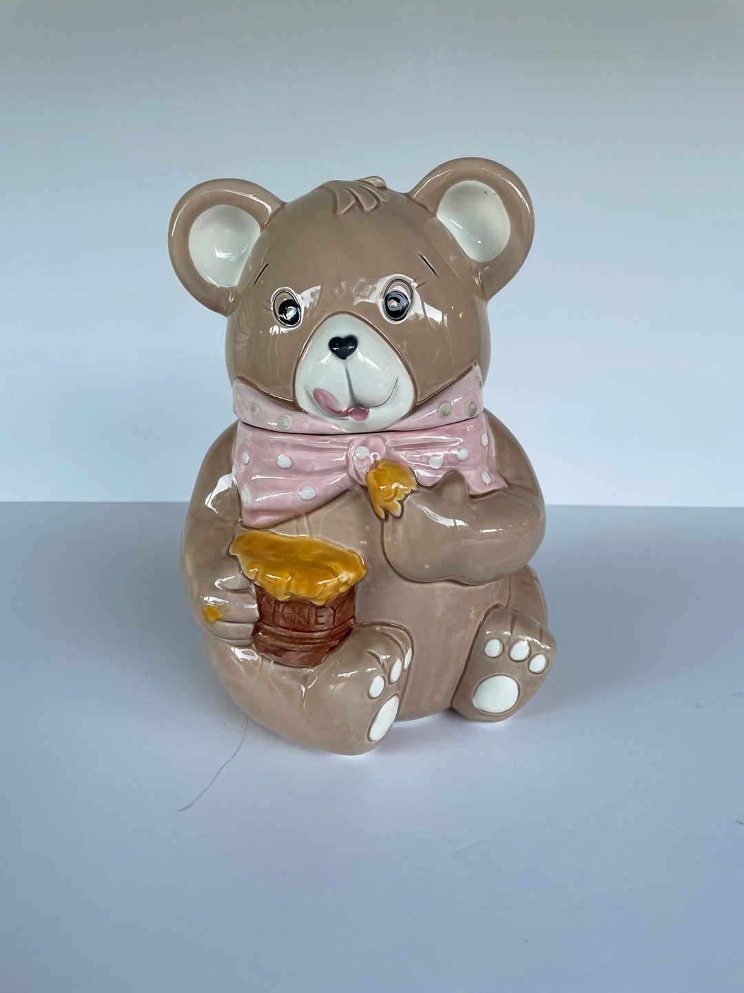 Vintage Teddy Bear With Honey Pot Cookie Jar/pink Polka Dot Bow - Etsy